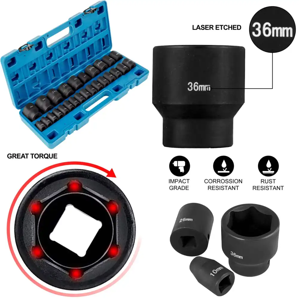 Metric Impact Socket Set, CR-V - مراجعة Industrial Laser Etching وسعره